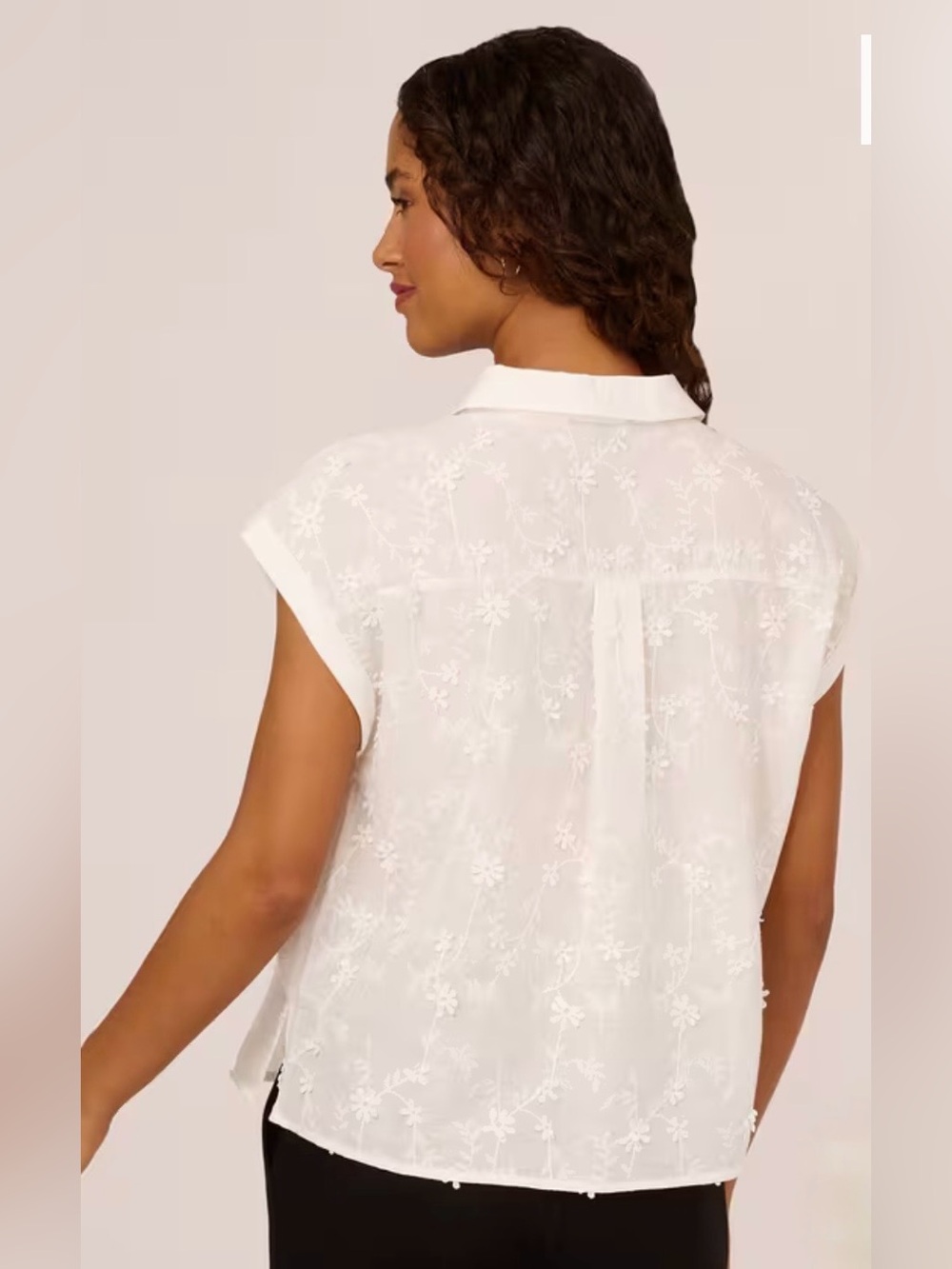 Adriana Papell Appliquéd Embroidered White Cap-Sleeve Button-Front Top - Size L - Picture 4 of 10